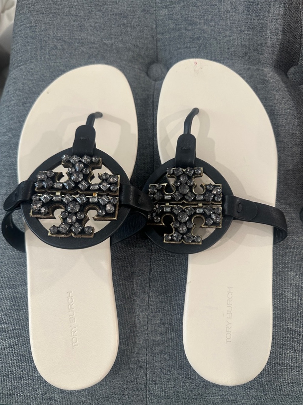 Tory Burch Black and White Jeweled Logo Thong Sandals